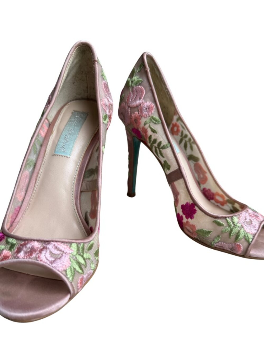 Betsey Johnson Embroidered Floral Peep Toe Heels Size 6 Pink Satin Mesh Stiletto - Picture 7 of 15